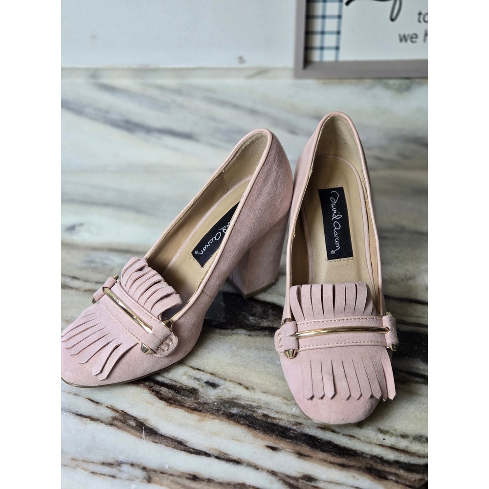 David Aaron Blush Pink Faux Suede Kiltie Fringe Block Heel Loafer Pumps Size 5.5